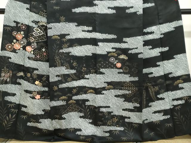 平和屋着物●訪問着　絞り　手描き　刺繍　エ霞吉祥草花文　黒地　金彩　正絹　逸品　DABC2705ud_3