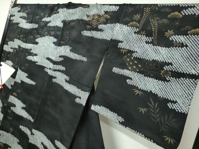 平和屋着物●訪問着　絞り　手描き　刺繍　エ霞吉祥草花文　黒地　金彩　正絹　逸品　DABC2705ud_2