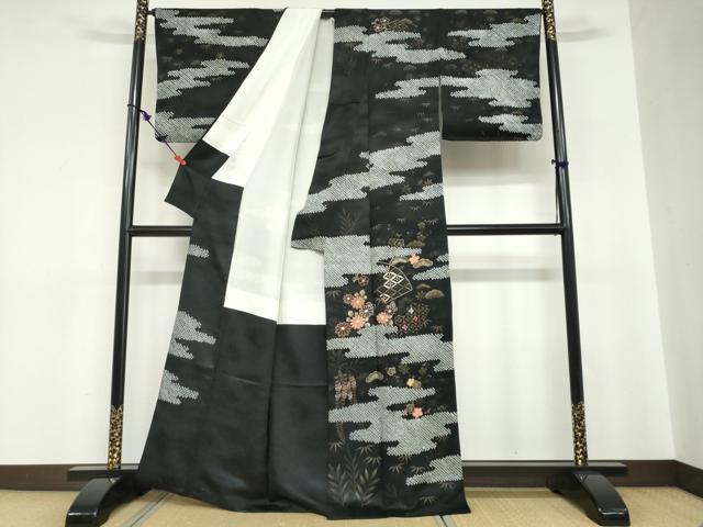 平和屋着物●訪問着　絞り　手描き　刺繍　エ霞吉祥草花文　黒地　金彩　正絹　逸品　DABC2705ud_1