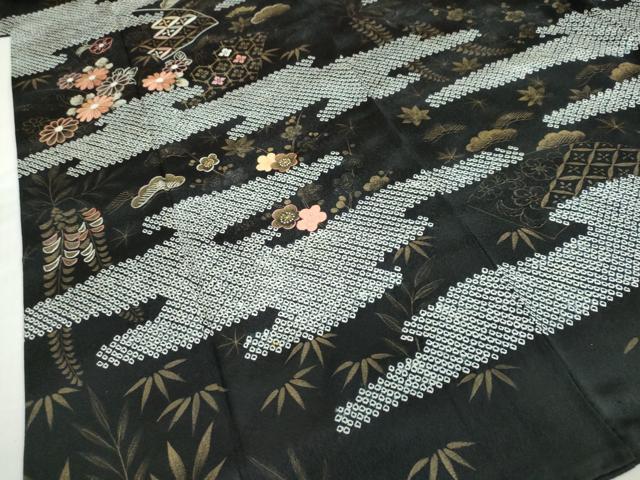 平和屋着物●訪問着　絞り　手描き　刺繍　エ霞吉祥草花文　黒地　金彩　正絹　逸品　DABC2705ud_4