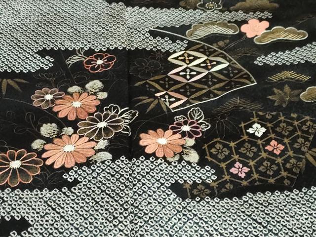 平和屋着物●訪問着　絞り　手描き　刺繍　エ霞吉祥草花文　黒地　金彩　正絹　逸品　DABC2705ud_5