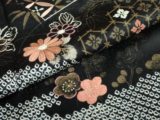 平和屋着物●訪問着　絞り　手描き　刺繍　エ霞吉祥草花文　黒地　金彩　正絹　逸品　DABC2705ud_6
