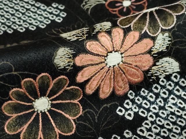 平和屋着物●訪問着　絞り　手描き　刺繍　エ霞吉祥草花文　黒地　金彩　正絹　逸品　DABC2705ud_7