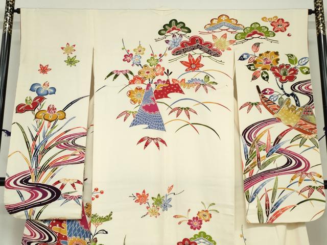 平和屋着物●豪華振袖　紅型　流水風景草花文　正絹　逸品　DABC2740ud_2