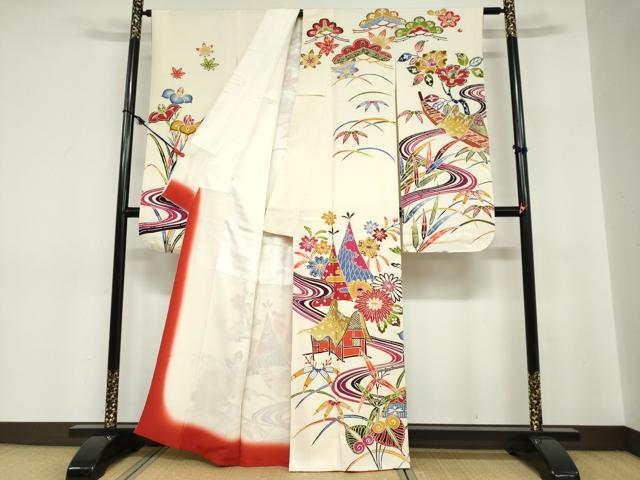 平和屋着物●豪華振袖　紅型　流水風景草花文　正絹　逸品　DABC2740ud_1