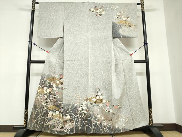 平和屋着物●訪問着　エ霞草花文　たたき染め　黒地　金彩　正絹　逸品　DABC2764ud 平和屋着物○訪問着 エ霞草花文 たたき染め 黒地 金彩 正絹 逸品