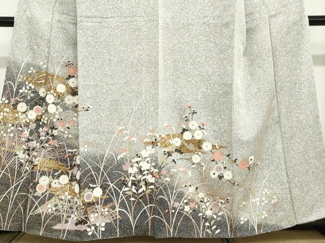 平和屋着物●訪問着　エ霞草花文　たたき染め　黒地　金彩　正絹　逸品　DABC2764ud 平和屋着物○訪問着 エ霞草花文 たたき染め 黒地 金彩 正絹 逸品