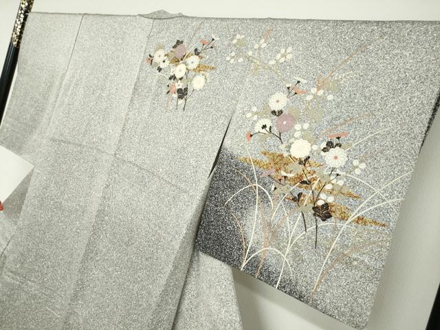 平和屋着物●訪問着　エ霞草花文　たたき染め　黒地　金彩　正絹　逸品　DABC2764ud 平和屋着物○訪問着 エ霞草花文 たたき染め 黒地 金彩 正絹 逸品
