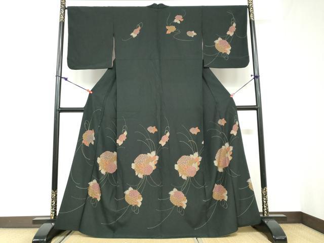 平和屋着物●訪問着　草花文　黒地　洗える着物　DABC2891ud