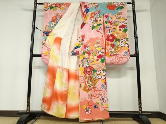 平和屋本店●アンティーク　大正ロマン　振袖　駒刺繍　吉祥草花文　金銀糸　正絹　逸品　DABC2932ud_1