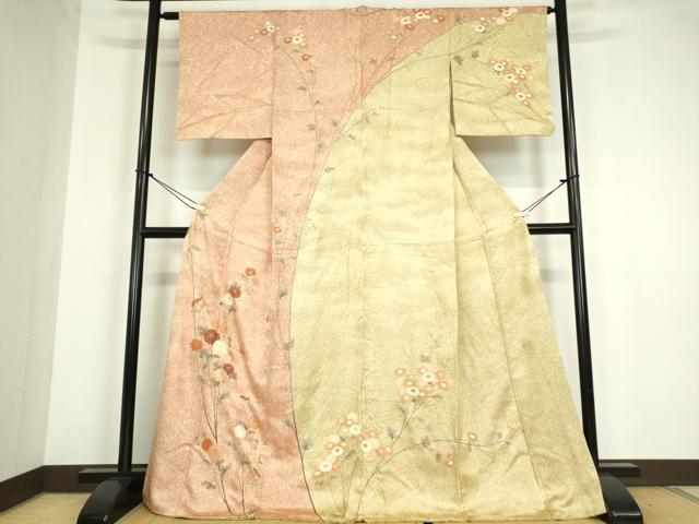 平和屋着物●訪問着　作家物　枝花文　黒地　正絹　逸品　DABC3673az 平和屋着物○訪問着 作家物 刺繍 枝花文 金彩 正絹 逸品 DABC3073azの