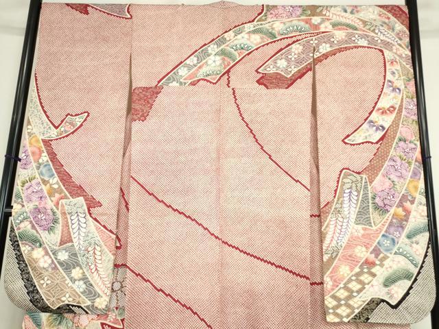 平和屋着物●訪問着　駒刺繍　ふくれ織　束ね熨斗花文　金彩　正絹　逸品　DABC3413az