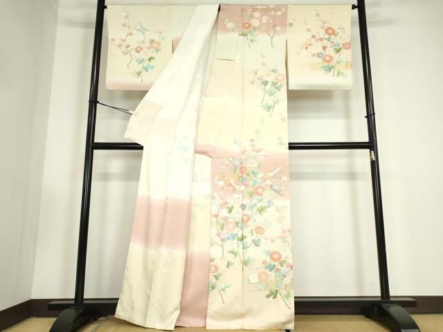 平和屋着物●訪問着　駒刺繍　市松舞蝶花文　暈し染め　金彩　正絹　逸品　DABC3425az 平和屋着物○訪問着 駒刺繍 市松舞蝶花文 暈し染め 金彩 正絹 逸品