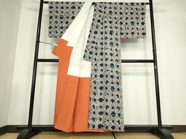 平和屋着物●上質な小紋　ろうけつ染め　格子花文　正絹　逸品　DABC3512az_2
