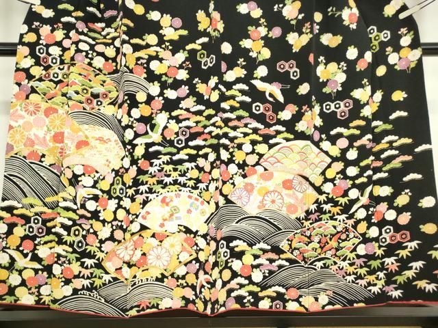 平和屋着物●訪問着　駒刺繍　地紙飛鶴花文　鬼しぼ縮緬　黒地　金彩　正絹　逸品　DABC3632az_3