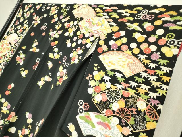 平和屋着物●訪問着　駒刺繍　地紙飛鶴花文　鬼しぼ縮緬　黒地　金彩　正絹　逸品　DABC3632az_2