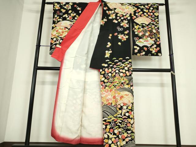 平和屋着物●訪問着　駒刺繍　地紙飛鶴花文　鬼しぼ縮緬　黒地　金彩　正絹　逸品　DABC3632az_1