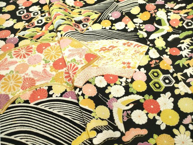 平和屋着物●訪問着　駒刺繍　地紙飛鶴花文　鬼しぼ縮緬　黒地　金彩　正絹　逸品　DABC3632az_4