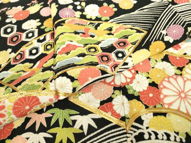 平和屋着物●訪問着　駒刺繍　地紙飛鶴花文　鬼しぼ縮緬　黒地　金彩　正絹　逸品　DABC3632az_5