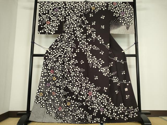 平和屋着物●訪問着　作家物　枝花文　黒地　正絹　逸品　DABC3673az