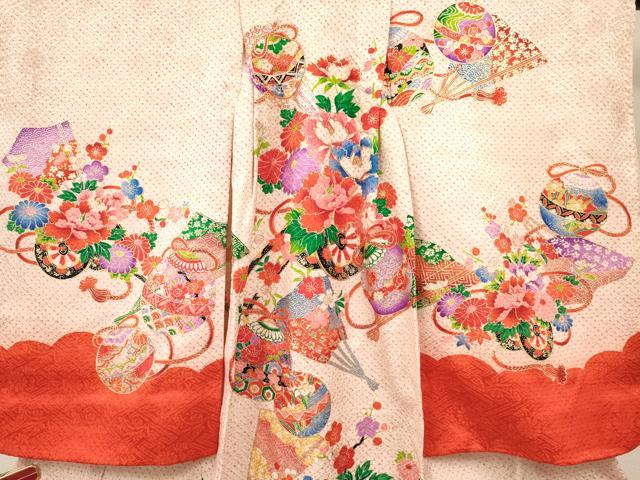平和屋着物[]七五三　女の子　３歳　祝着　三つ身　駒刺繍　絞り　鞠扇面花車文　金彩　逸品　DABC5003ma_2