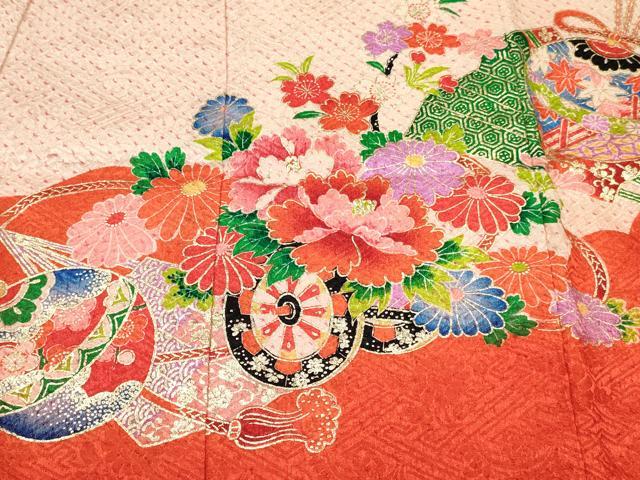 平和屋着物[]七五三　女の子　３歳　祝着　三つ身　駒刺繍　絞り　鞠扇面花車文　金彩　逸品　DABC5003ma_3
