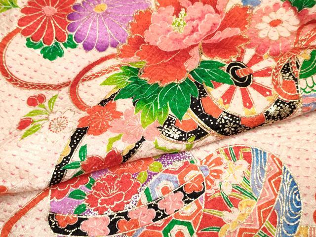 平和屋着物[]七五三　女の子　３歳　祝着　三つ身　駒刺繍　絞り　鞠扇面花車文　金彩　逸品　DABC5003ma_4