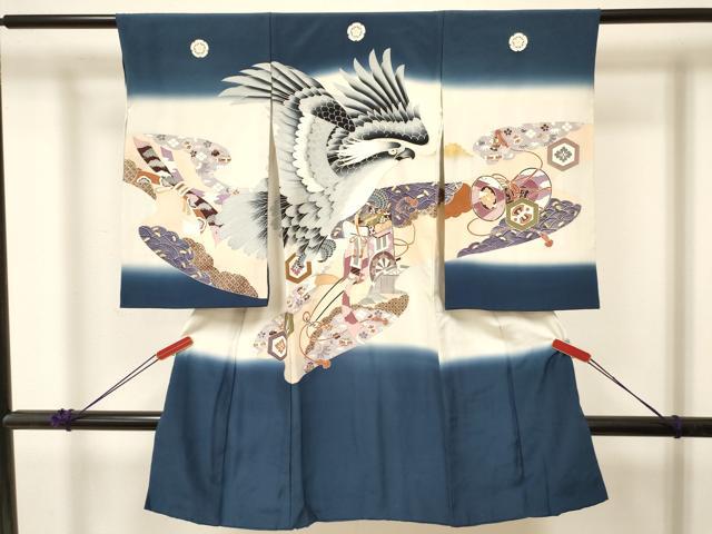 平和屋着物[]お宮参り　男の子　祝着　産着　初着　のしめ　鷹　鷲　御所車鼓花文　暈し染め　金彩　逸品　DABC5073ma 7,800円