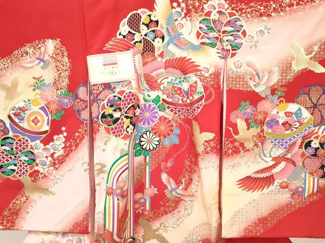 平和屋着物[]お宮参り　女の子　祝着　産着　初着　のしめ　飛鶴鞠花蝶文　暈し染め　金彩　箱付き　逸品　未使用　DABC5105ma_2