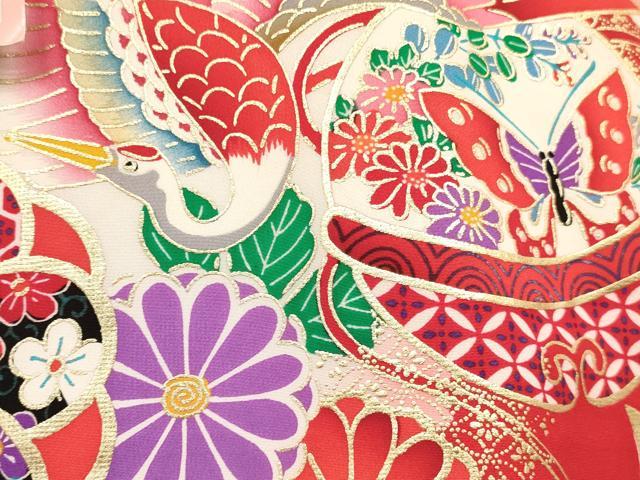 平和屋着物[]お宮参り　女の子　祝着　産着　初着　のしめ　飛鶴鞠花蝶文　暈し染め　金彩　箱付き　逸品　未使用　DABC5105ma_3