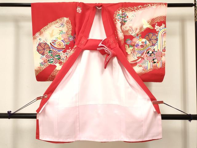平和屋着物[]お宮参り　女の子　祝着　産着　初着　のしめ　飛鶴鞠花蝶文　暈し染め　金彩　箱付き　逸品　未使用　DABC5105ma_1