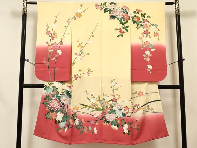 平和屋着物[]七五三　女の子　７歳　祝着　四つ身　長襦袢(無双仕立て)セット　友禅　作家物　牡丹花文　暈し染め　逸品　DABC5149ma_1