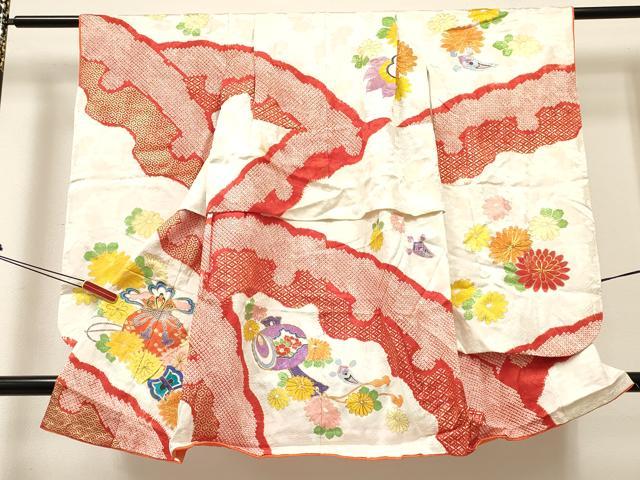平和屋着物[]女の子　３歳　祝着　三つ身　駒刺繍　絞り　打ち出の小槌　仕覆花文　金彩　逸品　DABC5186ma