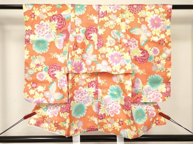 平和屋着物[]七五三　女の子　３歳　祝着　三つ身　長襦袢(単衣)・被布・草履・小物セット　花蝶文　金彩　箱付き　DABC5317ma_1