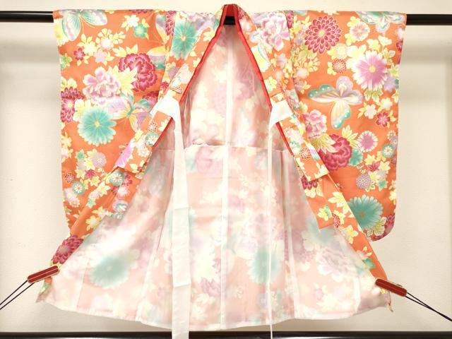 平和屋着物[]七五三　女の子　３歳　祝着　三つ身　長襦袢(単衣)・被布・草履・小物セット　花蝶文　金彩　箱付き　DABC5317ma_2
