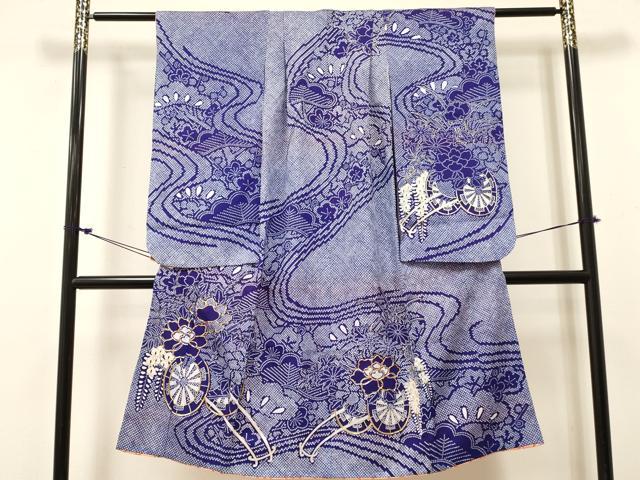 平和屋着物[]七五三　女の子　７歳　祝着　四つ身　駒刺繍　花車文　金彩　DABC5450ma