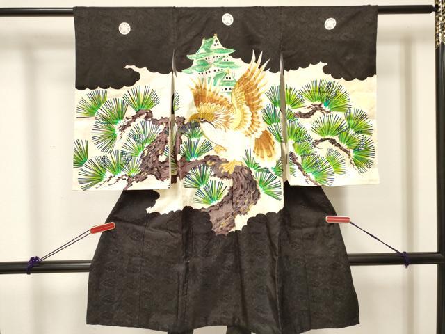 平和屋着物[]お宮参り　男の子　祝着　産着　初着　のしめ　刺繍　鷹　鷲　風景松文　金彩　洗える着物　DABC5517ma