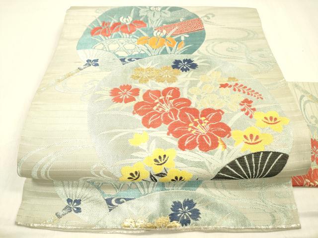 平和屋着物＊夏物　アンティーク　大正ロマン　九寸名古屋帯　流水団扇花文　金糸　正絹　逸品　DABC8009cm