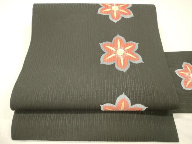 平和屋着物＊夏物　九寸名古屋帯　花間道　黒地　金彩　正絹　逸品　DABC8123cm