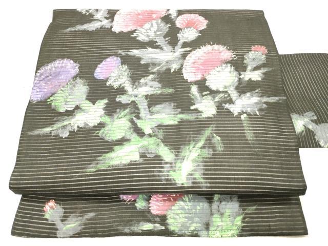 平和屋着物＊夏物　アンティーク　大正ロマン　絽塩瀬　九寸名古屋帯　手描き　草花文　黒地　正絹　逸品　DABC8127cm 平和屋着物＊夏物 アンティーク 大正ロマン 絽塩瀬 九寸名古屋帯