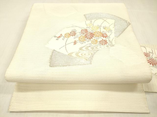 平和屋着物＊夏物　絽綴れ　八寸名古屋帯　地紙流水花文　金銀糸　正絹　逸品　DABC8130cm