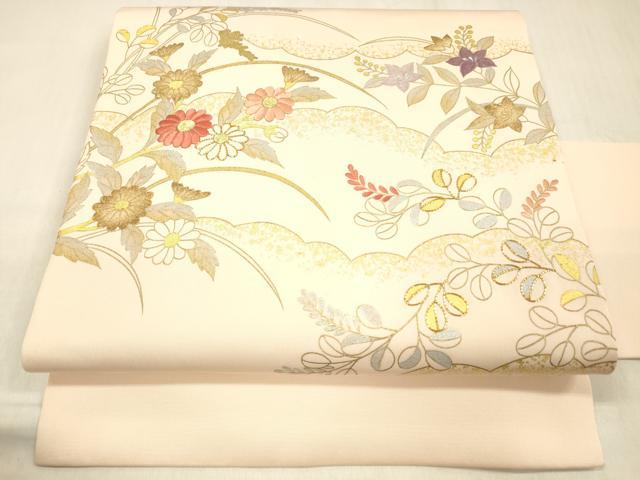 平和屋着物●塩瀬　九寸名古屋帯　駒刺繍　草花文　金銀彩　正絹　逸品　DABC8152cm 平和屋着物○塩瀬 九寸名古屋帯 駒刺繍 草花文 金銀彩 正絹 逸品