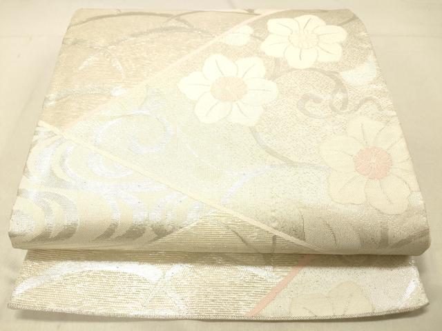 平和屋着物＊夏物　六通柄袋帯　流水花唐草文　銀糸　正絹　逸品　DABC8215cm