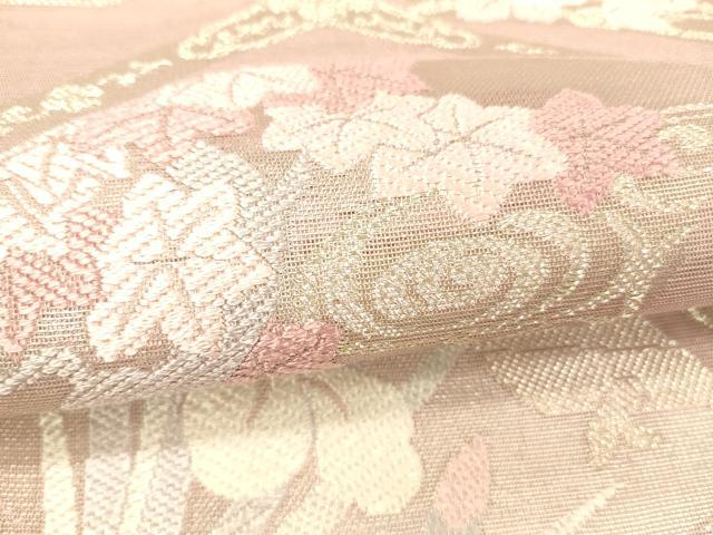 平和屋着物＊夏物　太鼓柄　本袋帯　唐織　流水草花文　金糸　正絹　逸品　DABC8282cm 平和屋着物＊夏物 太鼓柄袋帯 唐織 薄 金銀糸 正絹 逸品 未使用