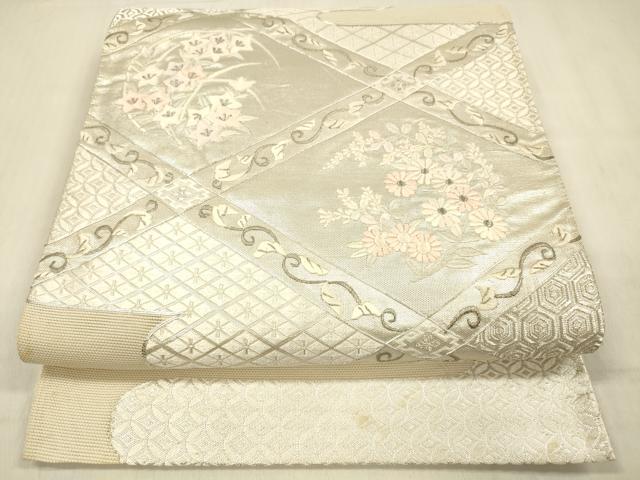 平和屋着物＊夏物 太鼓柄袋帯 唐織 駒刺繍 草花文 銀糸 正絹 逸品