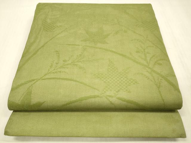 平和屋着物＊夏物　九寸開き名古屋帯　草葉文　青丹色　正絹　逸品　DABC8312cm 平和屋着物＊夏物 九寸開き名古屋帯 草葉文 青丹色 正絹 逸品