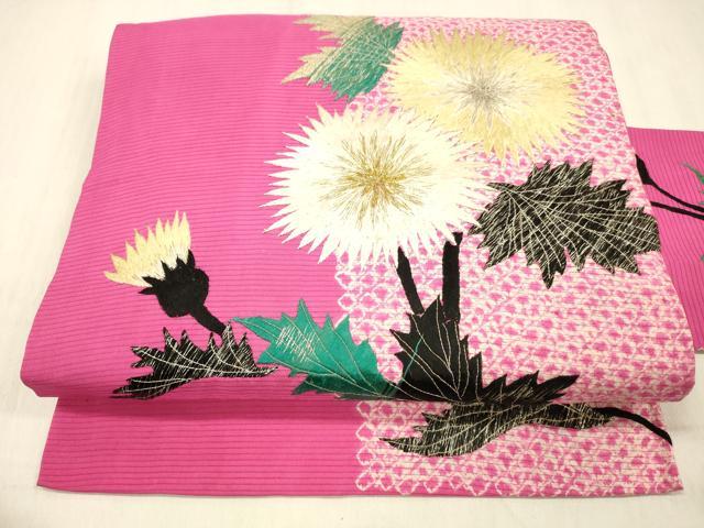 平和屋着物＊夏物　アンティーク　大正ロマン　九寸名古屋帯　絽縮緬　総手刺繍　絞り　枝花文　金銀糸　正絹　逸品　DABC8418cm