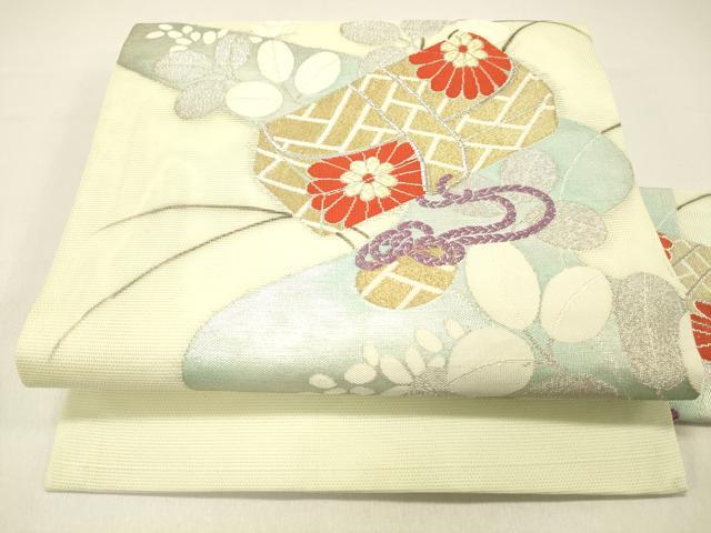 平和屋着物＊夏物　九寸名古屋帯　流水文箱草花文　金銀糸　正絹　逸品　DABC8535cm
