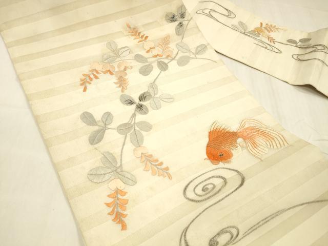平和屋着物＊夏物　アンティーク　大正ロマン　九寸名古屋帯　総刺繍　流水枝葉文　金魚　金銀糸　正絹　逸品　DABC8657cm_1