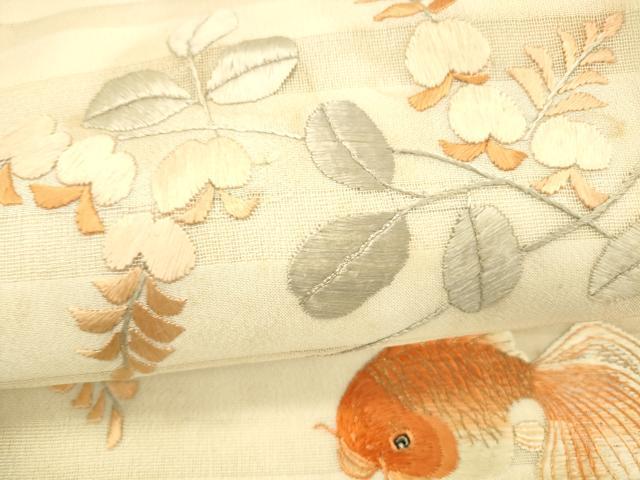 平和屋着物＊夏物　アンティーク　大正ロマン　九寸名古屋帯　総刺繍　流水枝葉文　金魚　金銀糸　正絹　逸品　DABC8657cm_2